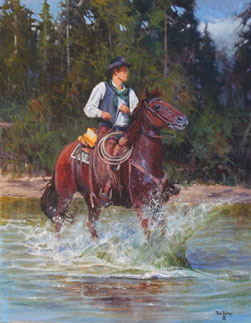 Paul Dykman. Western Art. Crossin' over Pine Creek